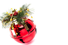 Shiny Red Jingle Bell With A Holly Sprig Isolated On White