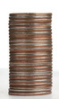 Pile of qurters coins on white background, sideways