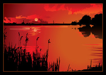 A Beautiful Sunset On The River. Vector Art-illustration.