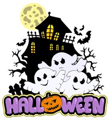 Wall Mural - Halloween sign with three ghosts 1