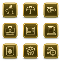 Wall Mural - Travel web icons set 4, square brown buttons