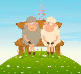 Wall Mural - Cartoon funny sheep sits on a bench. Vector.