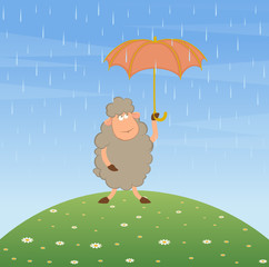 Wall Mural - Cartoon sheep with umbrella. Vector.