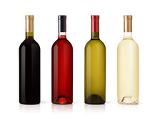 Set Of White, Rose, And Red Wine Bottles.