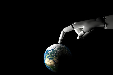 cyborg hand playing with earth