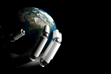 cyborg hand protecting earth