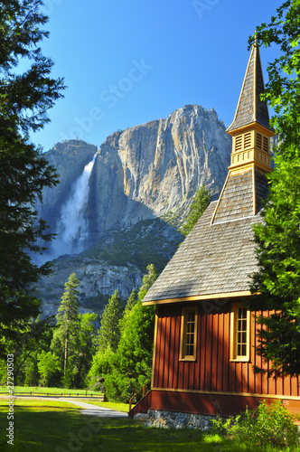 Upper Yosemite Falls And Yosemite Chapel Yosemite National Park