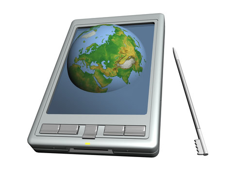 pocket pc and blue globe a white background.