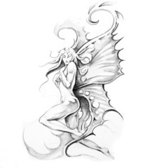 Papier Peint - Sketch of tattoo art, fairy