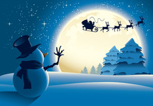 Lonely Snowman Waving To Santa Sleigh