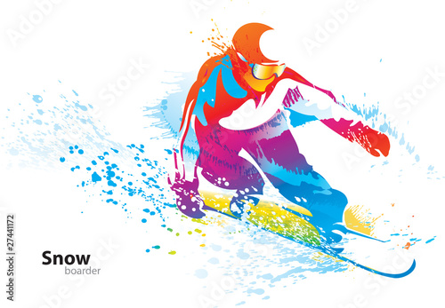 Fotografie, Obraz The colorful figure of a young man snowboarding with drops and s