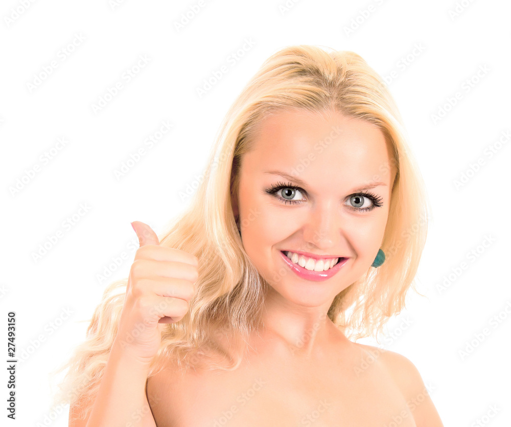 Beautiful woman thumbs up isolated on white Stock Photo | Adobe Stock