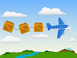Cartoon plane in the sky with cargo wooden box and landscape