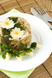 Aspic from chicken meat decorated with eggs and parsley