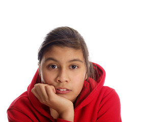 Wall Mural - girl with hand under chin isolated on white