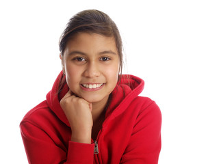 Wall Mural - smiling girl with hand under chin