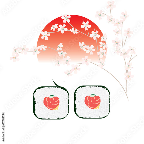 Naklejka - mata magnetyczna na lodówkę Rolls with stuffing in form of heart and sun with sakura