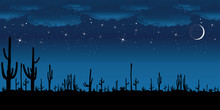 Saguaro Cactus At Night. Vector Background.