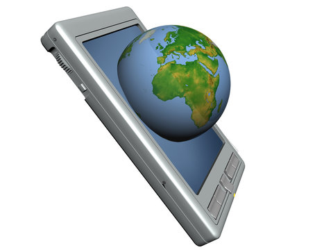 pocket pc and blue globe a white background.