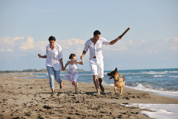 Wall Mural - happy family playing with dog on beach