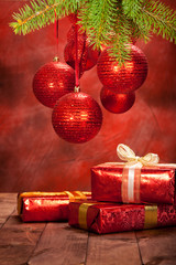 Sticker - Christmas background - decoration red balls and gifts