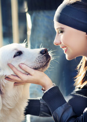 Wall Mural - young woman with dog