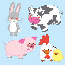 Happy Farm. Bunny, Cow, Pig, Chicken And Chick.