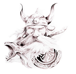 Papier Peint - Tattoo art, sketch of a viking