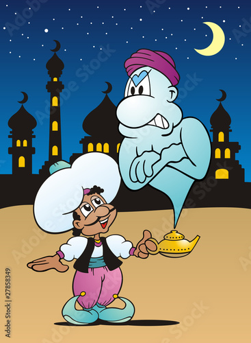 Foto-Fußmatte - Aladin and his Djinn with Background (von jokatoons)