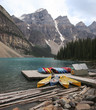 Canoes quay on Lake Moraine, Canadian Rockies