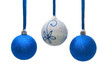 blue and silver christmas balls hanging on white background
