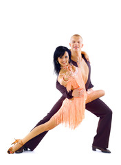 young couple dancing latino over white