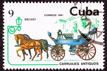  Cuban Postage Stamp Horse Team Pulling Break, Brake Carriage