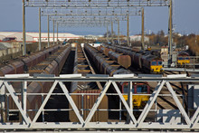 Wagons Of Coal Trains In A Rail Freight Depot