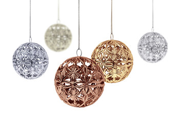 Wall Mural - gold copper silver christmas balls hanging on white