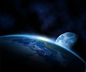 Wall Mural - planet earth with sunrise and moon in space