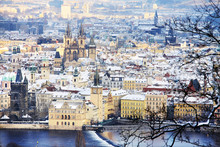 View On Snowy Prague, Beautiful Medieval City Of Czech Republic