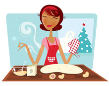 Christmas Woman Baking Cookies In Retro Kitchen. VECTOR