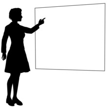 Business Woman Or Teacher Points Hand Sign Board