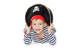 young boy dressed as pirate over white