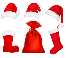 Poster - Three red Santa hats. Christmas stocking and boot. Vector.