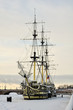 © papagoshi - Sailing vessel on the waterfront, winter, ice, snow