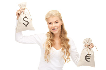 Canvas Print - woman with euro and dollar bags