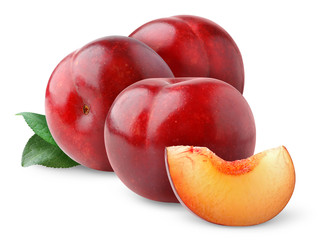Aufkleber - Isolated plums. Three red plums with leaves isolated on white background