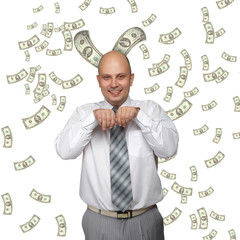 Bald young businessman with banknotes