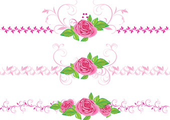 Wall Mural - Pink roses with ornament. Three decorative borders. Vector