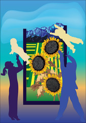 Wall Mural - parents, children, sunflowers and mountains