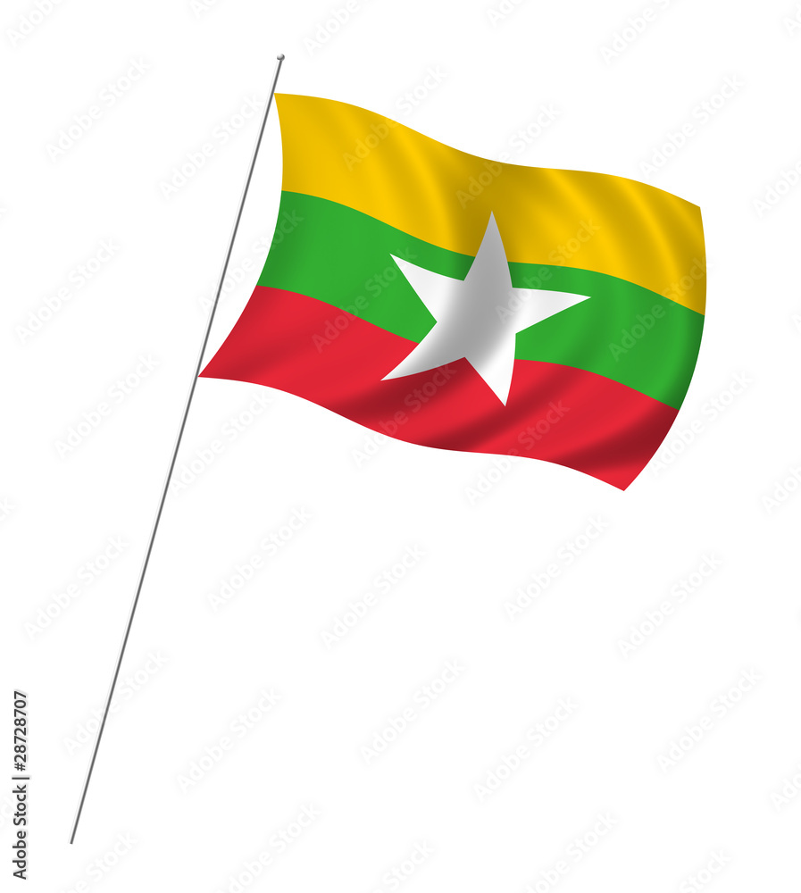 Flag of Myanmar with pole flag waving over white background Stock ...