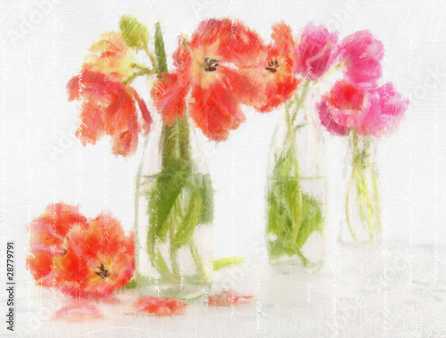 Obraz w ramie Digital watercolor of colorful tulips in bottles