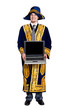 Businessman in national Kazakh costume with laptop